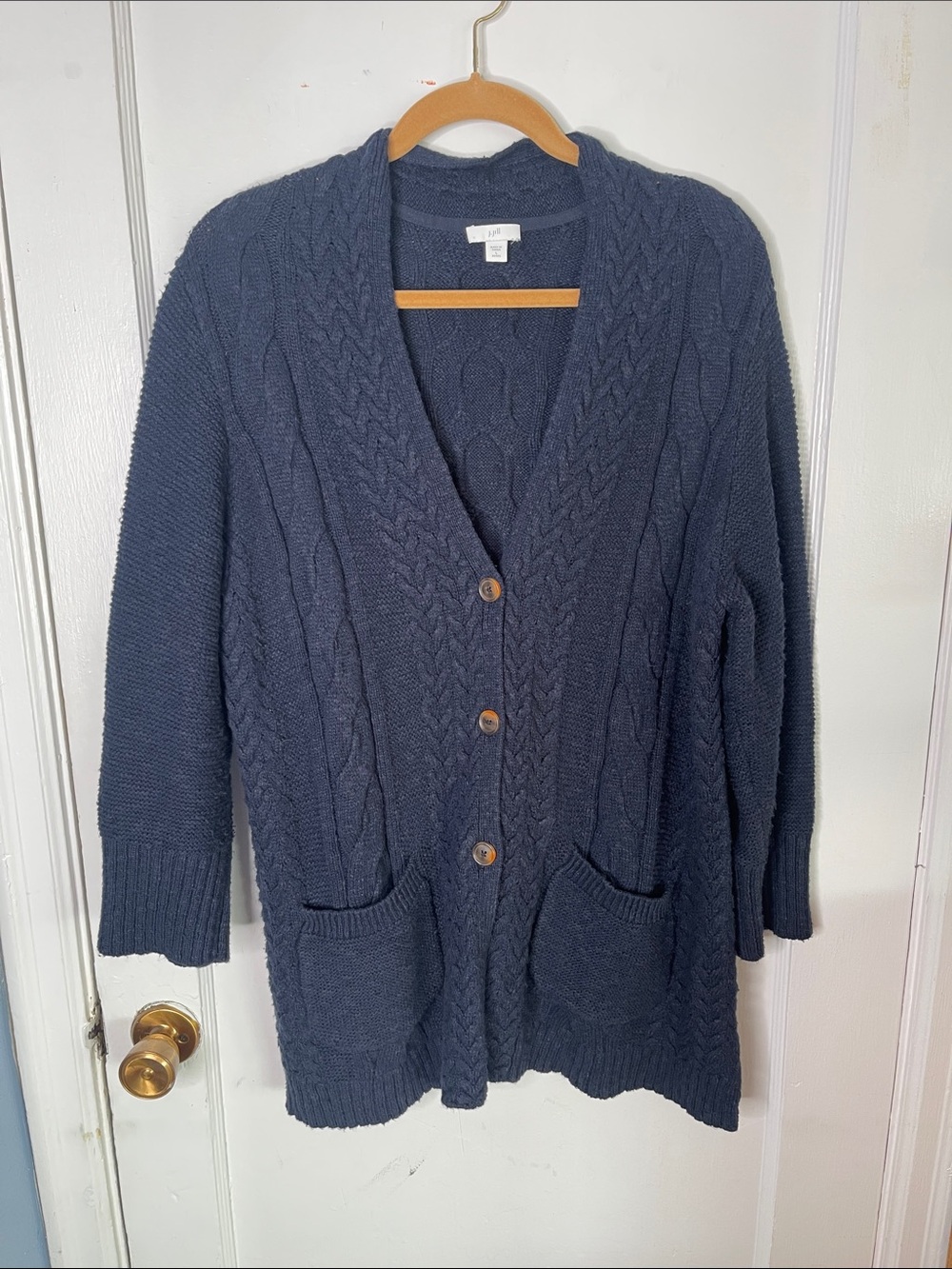 J Jill L P Sweater Navy Blue Cardigan Cable Knit Petite Pockets Cozy Ladies